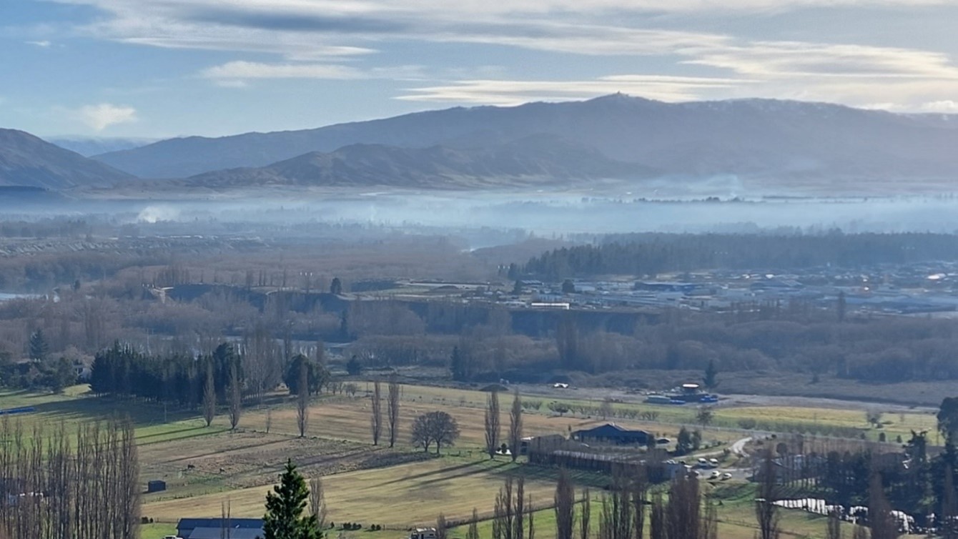 Otago Regional Council showing the layer of smog over Alexandra farmland and township from wood burning fires