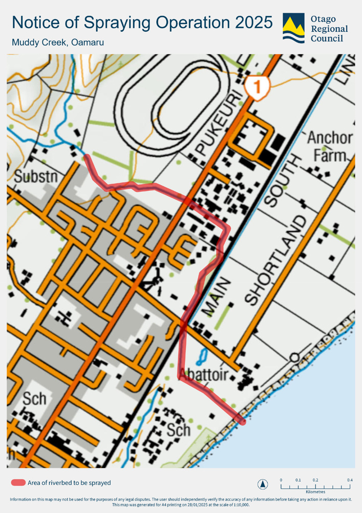 Spray area of Muddy Creek in Ōamaru, Kenilworth Street to mouth.