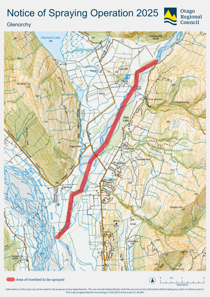 Topical map showing the area of spraying in and around Glenorchy riverbed