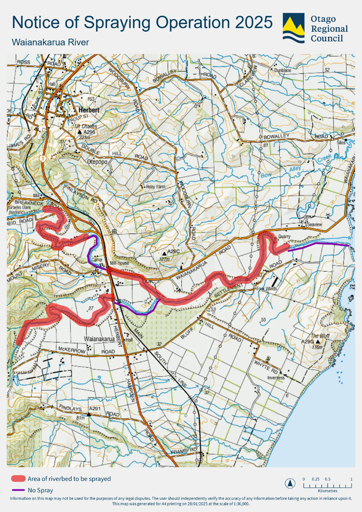 Spraying at Waianakarua River — 3 km upstream of State Highway 1 to river mouth.