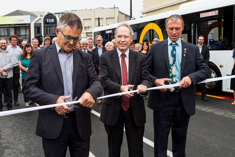 Dunedin Mayor Dave Cull, Transport Agency Director Regional Relationships South Island Jim Harland, and ORC Chairman Stephen Woodhead cutting the ribbon to open the Bus Hub today.