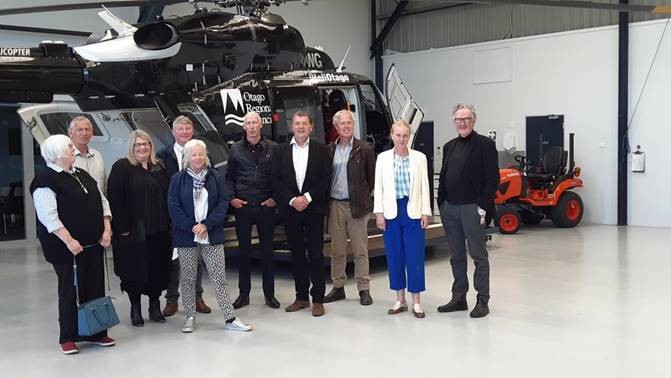 Otago Regional Councillors visited the HeliOtago hangar at the Taieri Aerodrome. From left, Cr Marian Hobbs, HeliOtago Managing Director Graeme Gale, ORC Chief Executive Sarah Gardner, Cr Andrew Noone, Cr Alexa Forbes, Cr Garry Kelliher, Otago Rescue Helicopter Trust Chair Martin Dippie, Cr Bryan Scott, Cr Gretchen Robertson, and Cr Michael Deaker.