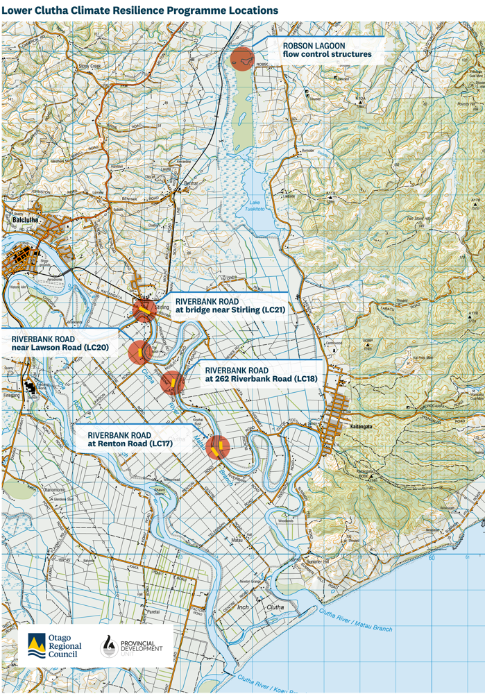 Map showing lower clutha climate resilience programme locations