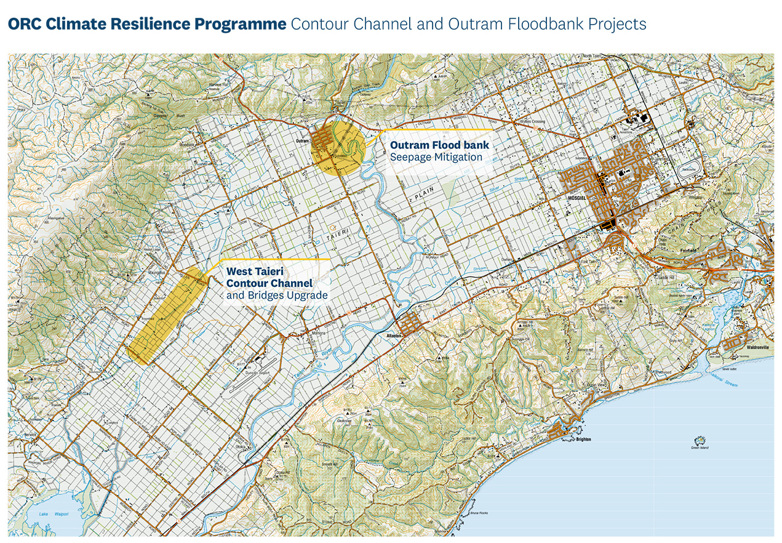 ORC climate resilliance programme map showing contour channel and outram floodbank projects