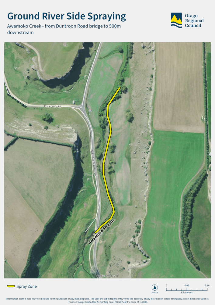Ground River Side Spraying map - Awamoko Creek- from Duntroon Road bridge to 500m downstream