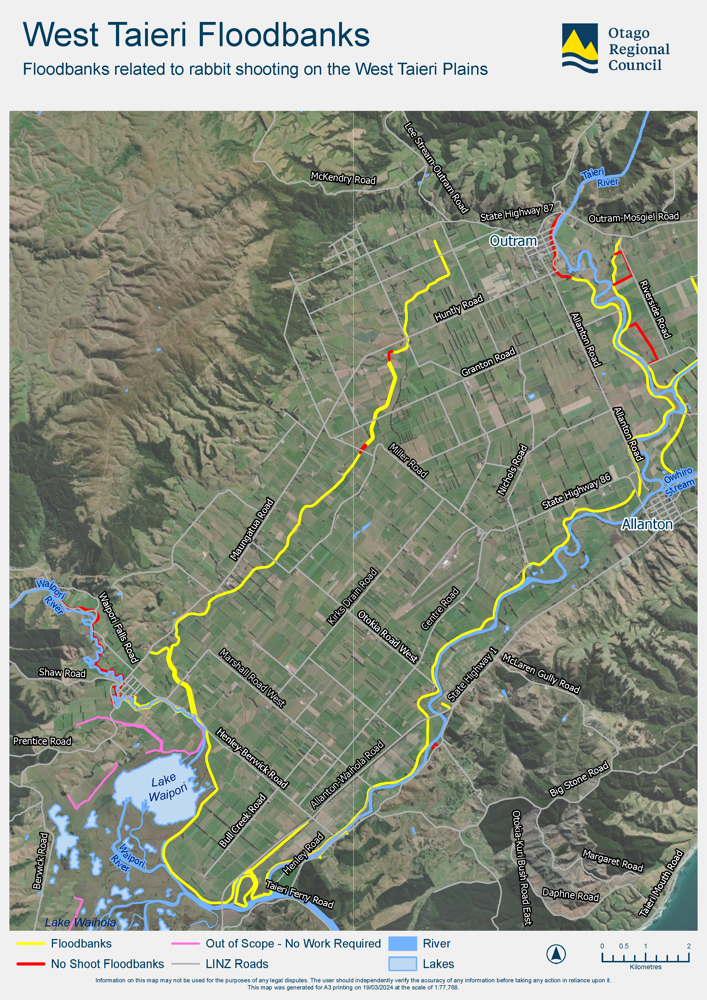 Map showing floodbanks related to rabbit shooting on the West Taieri Plains