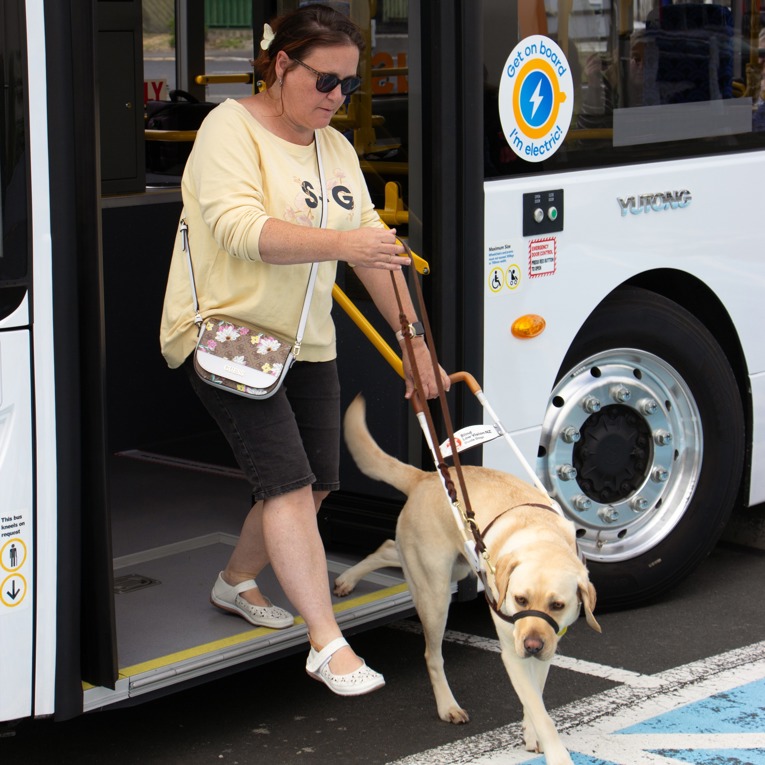 A bus kneeling for a low vision person and her service dog.