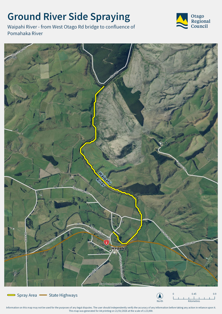 Ground river side spraying waipahi river from west otago road bridge to confluence of pomahaka river