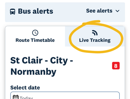 To start, select your route on our website and then select the ‘View Real-Time Tracking’ link on your bus route.
