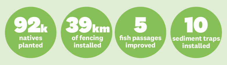 Image showing 92k natives planted, 39km of fencing installed, 5 fish passages improved, 10 sediment traps installed