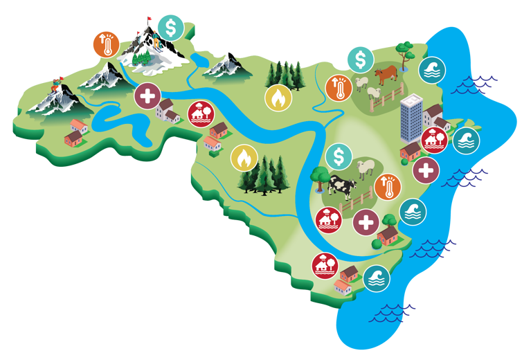 Illustrated map of Otago with icons to indicate how different climate change effects