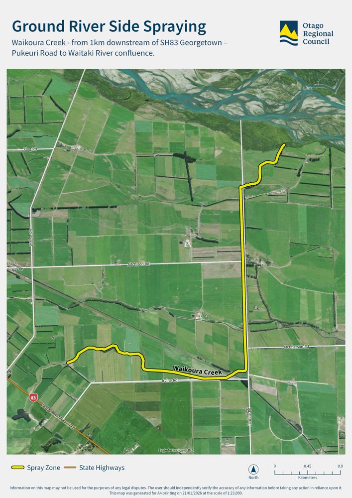 Ground River Side Spraying map - Waikoura Creek - from 1km downstream of SH83 Georgetown - Pukeuri Road to Waitaki River confluence.