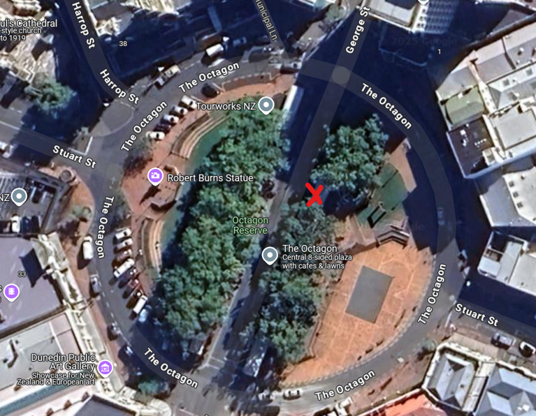 Overhead image of the Octagon showing location of meeting with a red x