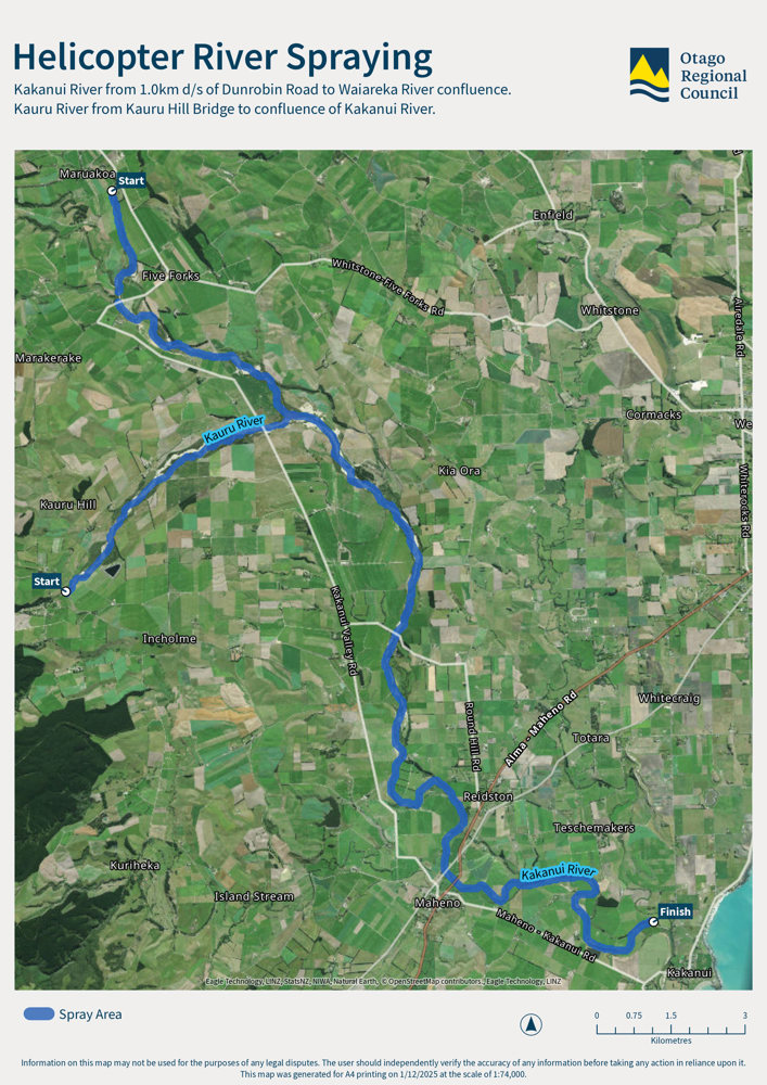 Helicopter River Spraying Map at Kakanui and Kauru Rivers