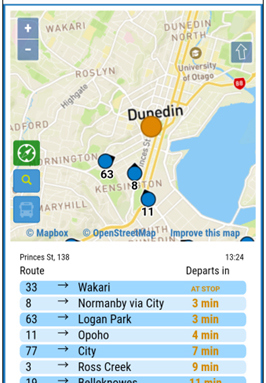 When you choose a bus stop, you will now see the status of all the buses coming through that bus stop. Real-time buses will also appear on the map, showing the buses (as blue dots) which will be coming through your selected bus stop.