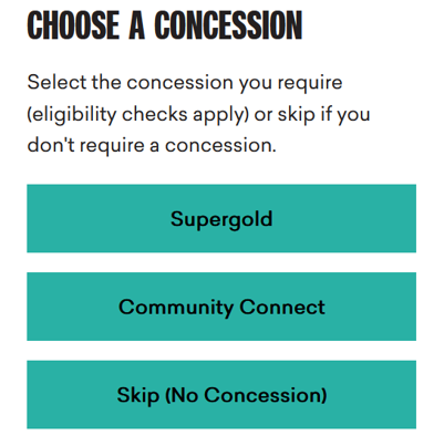 On the 'Choose a concession' screen, select the 'Community Connect' concession.