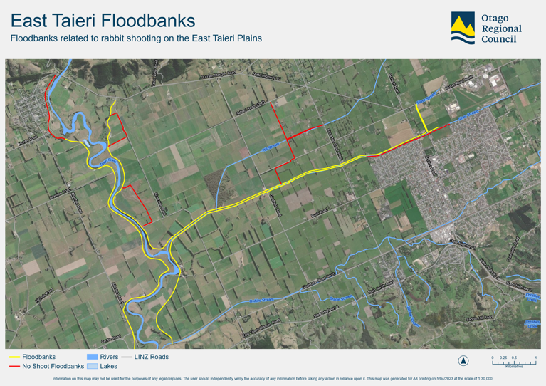 Map showing floodbanks related to rabbit shooting on the east Taieri Plains