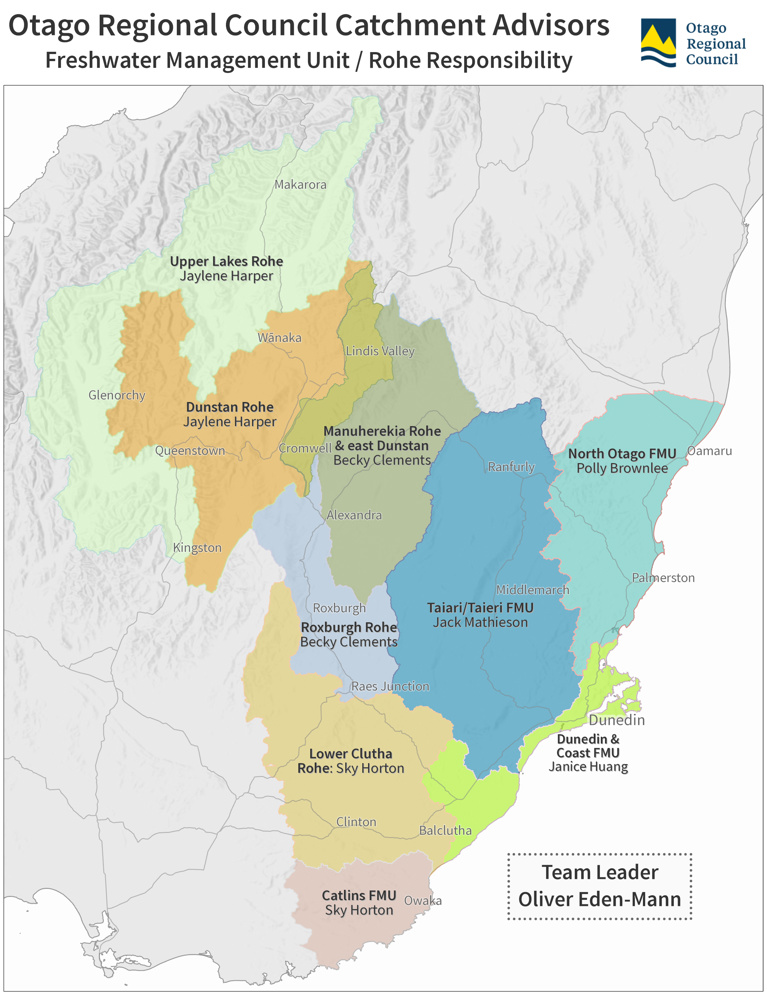 Otago regional council catchment advisors map