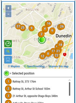 Having selected your map you will see the orange dots appear around your location. The orange dots are your closest bus stops.