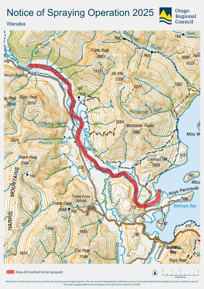 Topographical map showing spraying area of riverbed in Wanaka area