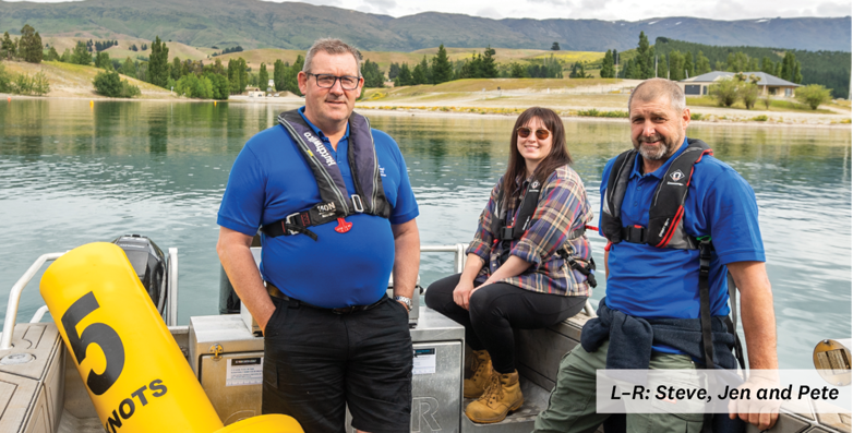 Steve, Jen and Pete on a boat looking into camera