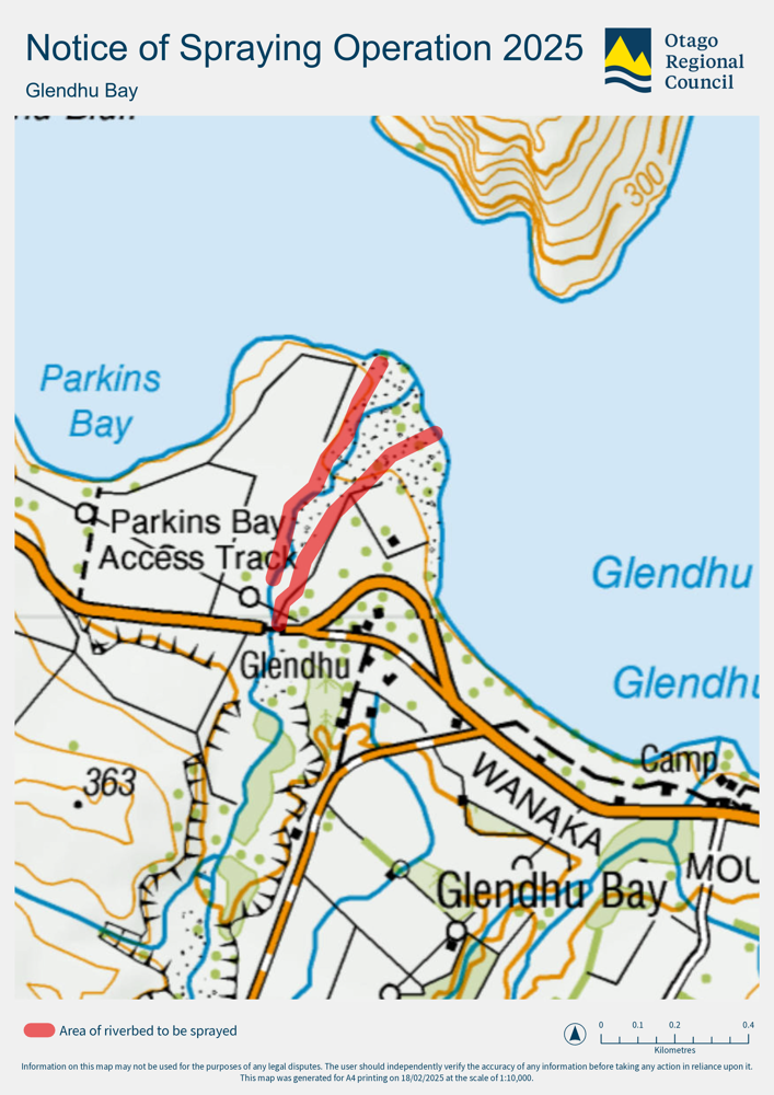 Topographical map showing spraying of riverbed in and around Glendhu Bay