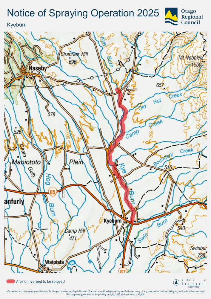 Topographical map showing spraying area of riverbed in Kyeburn area