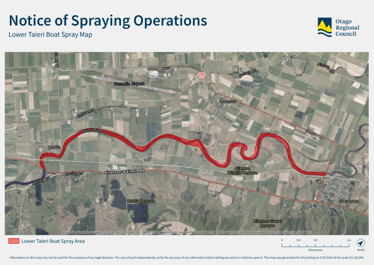 Map showing spraying area along the lower taieri